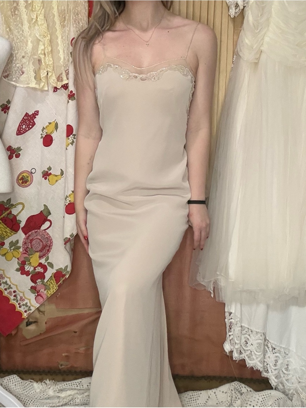 Y2K Niteline Beige Beaded Lace-Trim Slip Maxi Dress